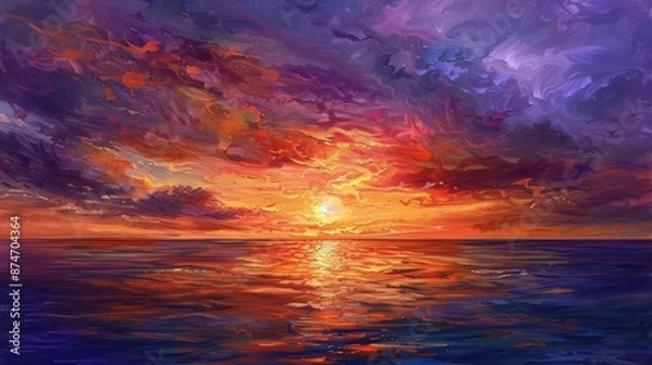 Fototapeta Impressionistic Sunset Seascape with Vibrant Brushstrokes and Shimmering Reflections