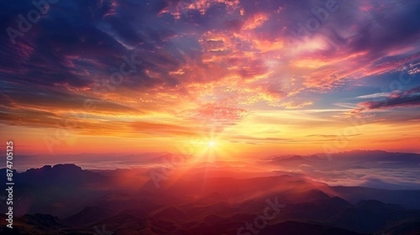 Fototapeta A breathtaking sunrise over a mountain range, casting vibrant colors across the sky and landscape.