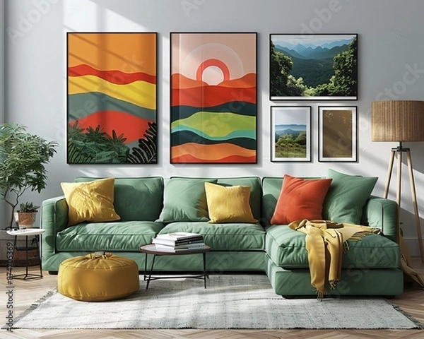 Fototapeta mock up  abstract wall art painting on the wall in the room with minimal cozy wabi sabi modern decor, interior design with colorful color theme