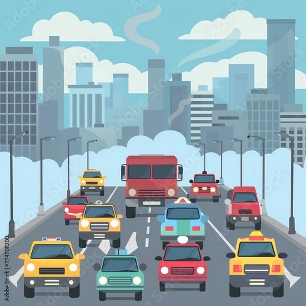 Fototapeta Vehicles causing air pollution, traffic scene, flat design illustration