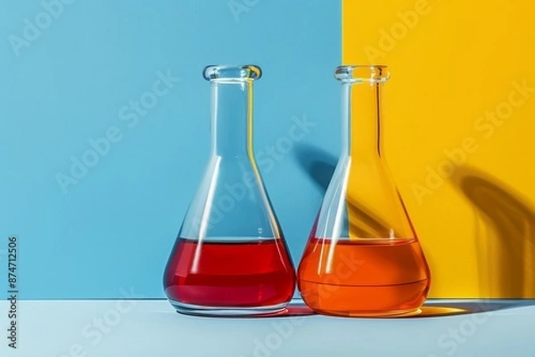 Fototapeta Artistic chemistry setup with colorful flasks on a white platform, set against a gradient background, emphasizing scientific creativity and beauty.