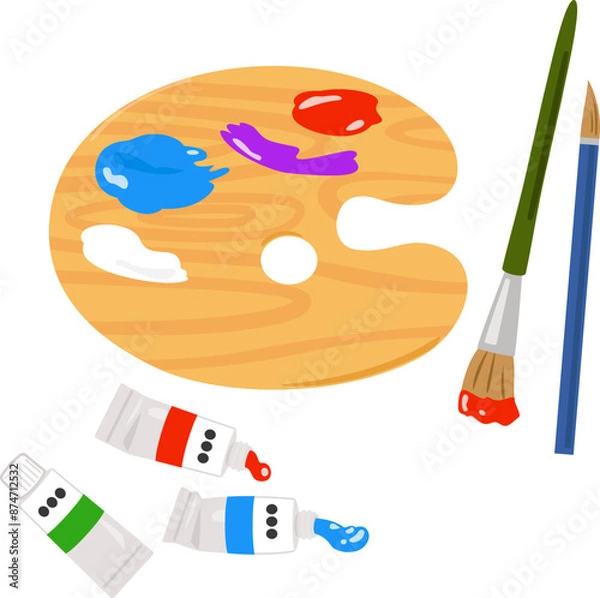 Obraz 使用中の絵具のチューブと筆とパレット