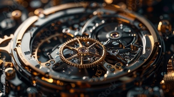 Fototapeta Elegant watch mechanism with precious metals, showcasing the dynamic motion of sprockets and gears, set in a high-end environment