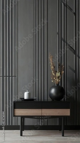Obraz Grey wall panels and a black side table in minimalistic interior design composition.
