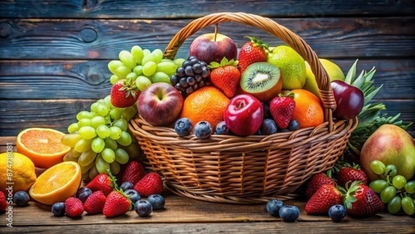 Fototapeta A vibrant and colorful assortment of fresh fruits in a rustic wicker basket, healthy, organic, assorted, tropical, juicy