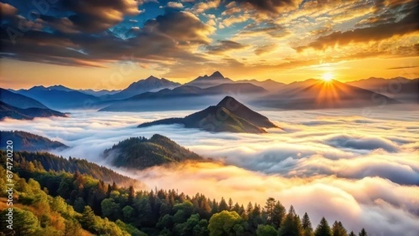 Fototapeta Majestic mountains at sunrise with misty clouds floating in the valley below, mountains, morning, sunrise, mist, clouds, scenic