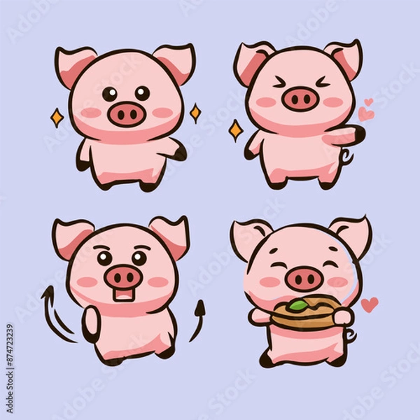 Fototapeta hand drawn cute pig cartoon character set bundle