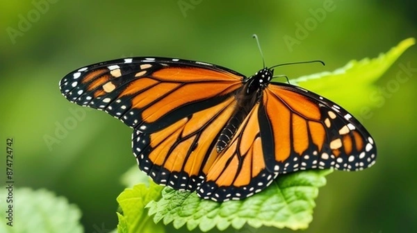 Fototapeta A monarch butterfly perches on a leaf, its wings spread open to reveal their vibrant orange and black coloration