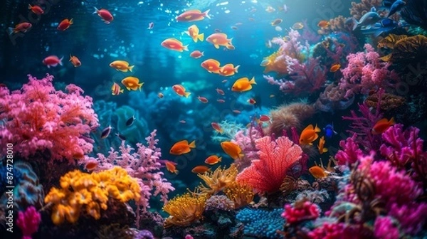 Fototapeta dynamic underwater scene with vibrant coral formations and fish of various colors and patterns swimming together Generative AI