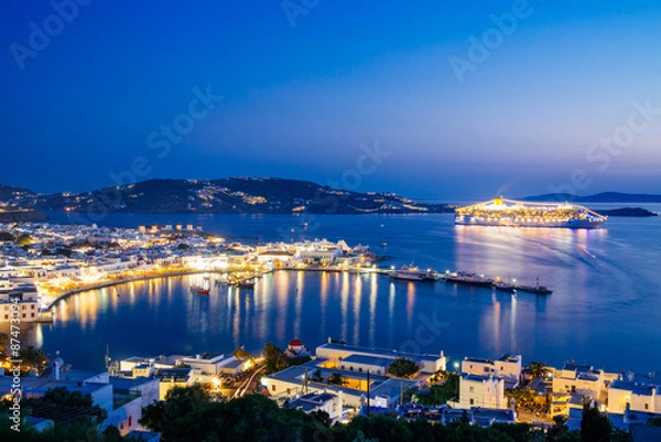 Obraz Mykonos town at night, view from above, Greece