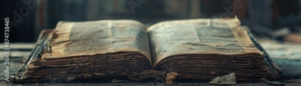 Obraz Ledger book stuck open, dark shadowy setting, realistic scene