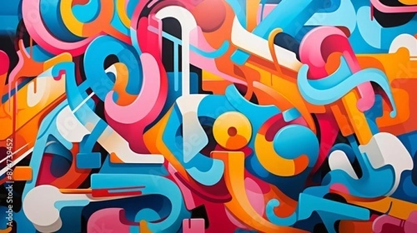 Fototapeta A lively abstract background illustration with jumbled, colorful letters and shapes, suggesting playful graffiti
