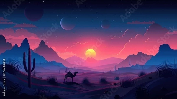 Fototapeta Illustration of a serene desert at twilight with a camel, mountainous landscape, cacti, and a vibrant sunset under a starry sky.