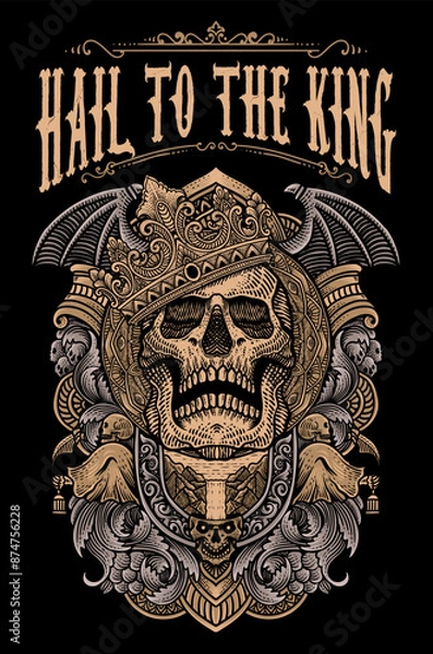 Fototapeta Artwork illustration skull with king crown. engraving ornament hand drawn - Vector Eps 10