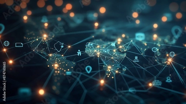 Fototapeta Detailed Realistic 4K Illustration of a Global Data Network with Glowing Lines Nodes and Financial Health Social Media Data Icons on a Dark Background