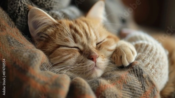 Fototapeta A cat is sleeping on a blanket