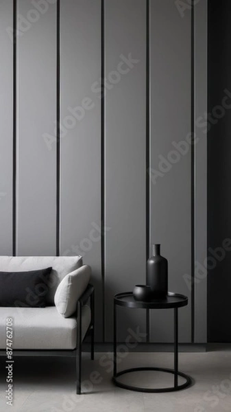 Obraz Grey wall panels and a black side table in minimalistic interior design composition.
