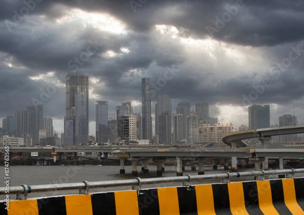 Fototapeta Stormy Skies Over a Modern Cityscape with Elevated Highways and Skyscrapers