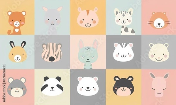 Fototapeta Cute animal faces in pastel colors on a squared background, vector illustration for baby room decor, wallpaper or poster design featuring different animals like rabbits and foxes, deer heads and panda
