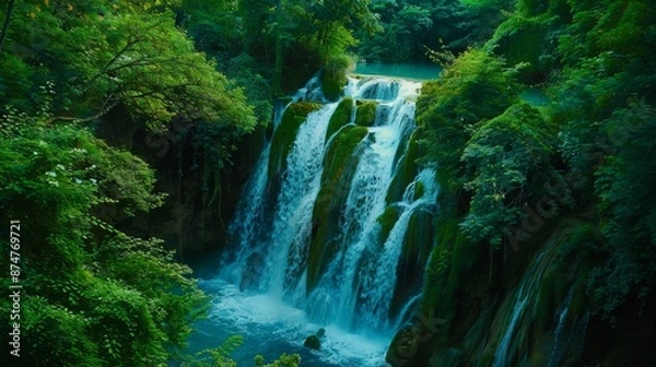 Fototapeta Stunning Waterfall Cascading Through Lush Green Forest, Nature's Paradise