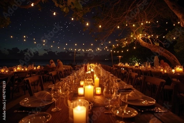 Fototapeta a table set up with candles and a view of the ocean, candlelit dinner under a starry night sky