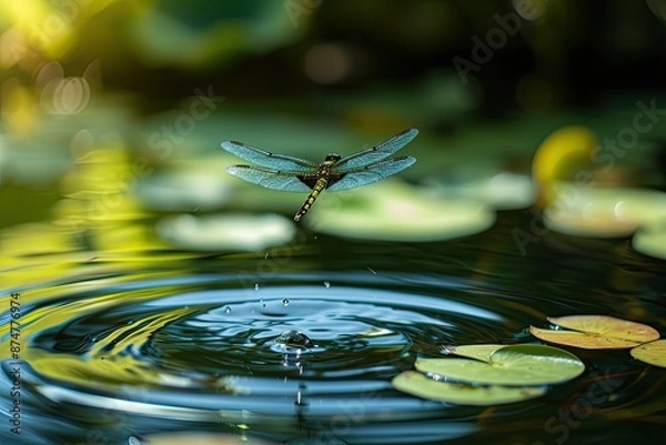 Fototapeta a dragonfly flying over a pond of water, dragonfly hovering above a crystal-clear pond