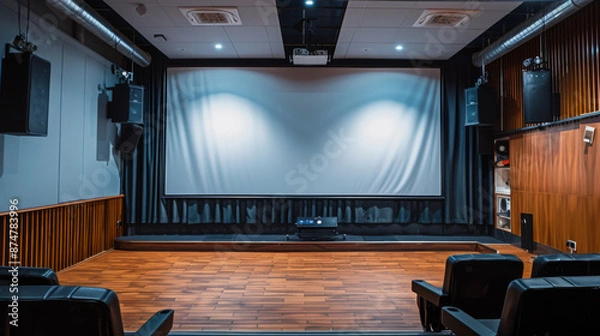 Fototapeta Home theater with a large projector screen and comfortable seating, set for a private viewing experience in an indoor setting.