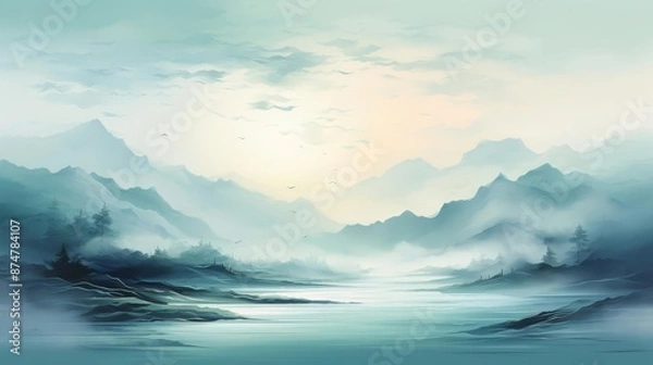 Fototapeta A tranquil abstract background illustration with soft brushstrokes in blues and greens, layered to create a peaceful depth