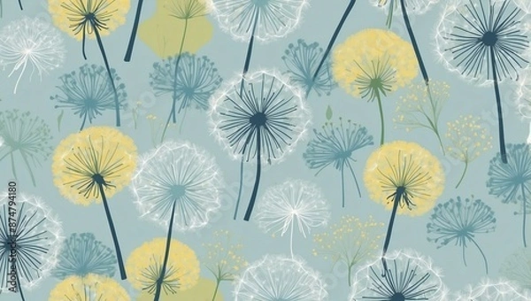 Fototapeta Elegant Dandelion Pattern with Yellow Highlight on Teal Background