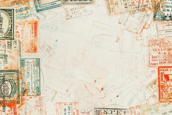 Fototapeta A white page features a border of various passport stamps, each with its own unique design and color palette, arranged in an aesthetically pleasing pattern.