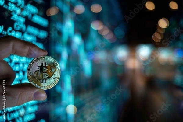 Fototapeta A close-up shot of a hand holding a physical Bitcoin coin against a blurred background of blue lights and an out-of-focus digital display