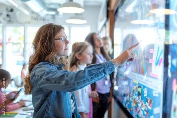 Obraz A young female teacher leads a classroom discussion, pointing to a digital display showing a colorful graphic. Students listen intently as she interacts with the touchscreen technology
