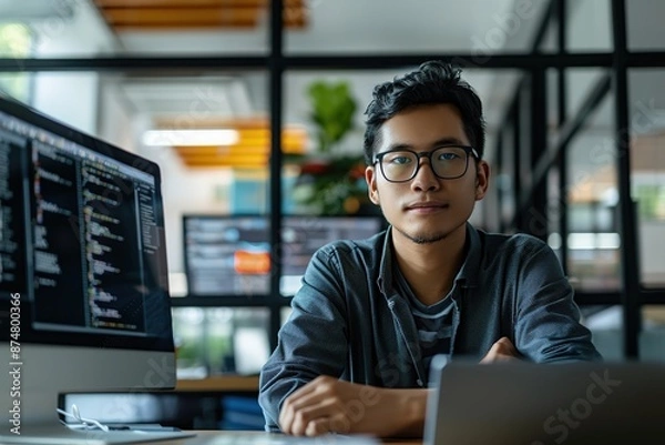 Fototapeta Young professional at workstation with computer monitors.