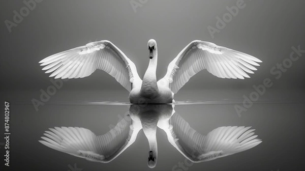 Fototapeta black and white photo of a swan with wings spread, standing on water, reflection in the style of digital minimalism