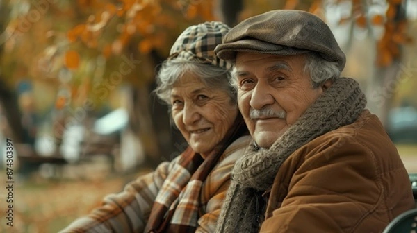 Fototapeta Serene Senior Love: Affectionate Elderly Couple Embracing on Park Bench