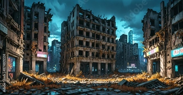 Obraz dark dystopian cyberpunk abandoned derelict city buildings in post apocalyptic aftermath overgrown town at night in autumn fall. neon lights with scattered debris, rubble,  and junk.