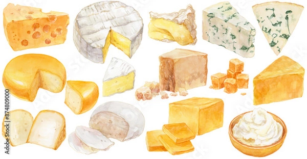 Obraz たくさんの種類のチーズ　水彩イラストセット　白い背景に孤立したイラストたち