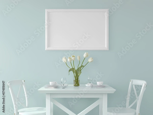 Fototapeta Elegant white dining area with tulip centerpiece and minimalist decor in a soft pastel room.