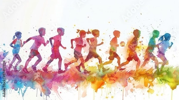 Fototapeta Group of children running in a watercolor style.