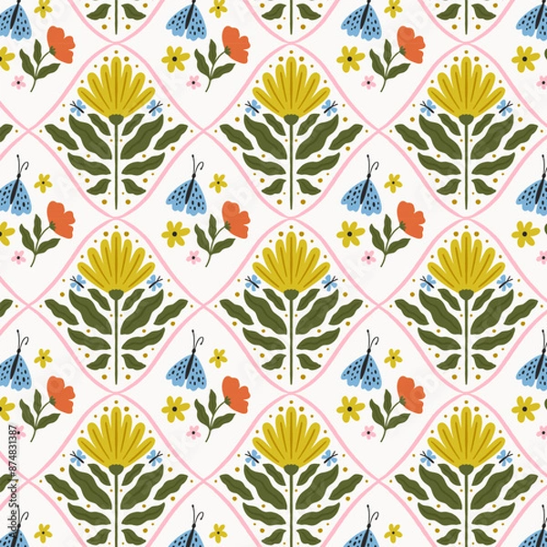 Fototapeta Geometrical retro pattern with flowers and butterflies. Print for greeting card, wrapping paper, textile, wallpaper and invitation background.