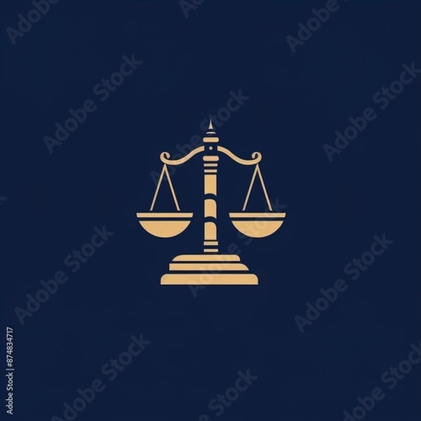 Fototapeta An elegant logo for a law firm featuring scales of justice and a gavel on a solid navy blue background.