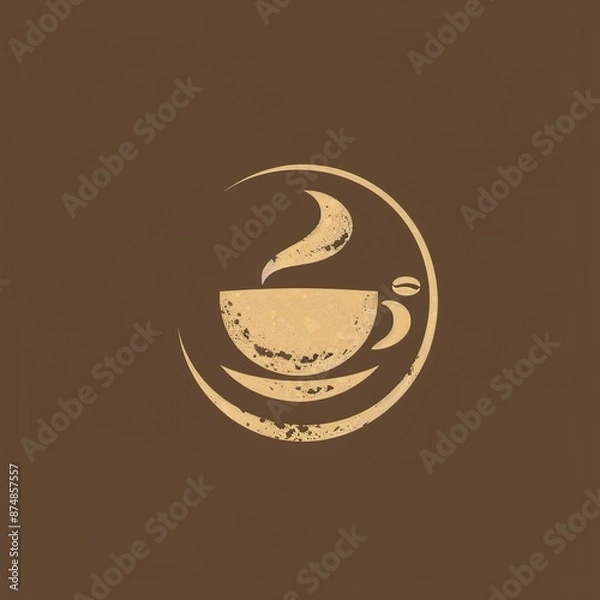Fototapeta A rustic, vintage logo for a coffee shop with coffee bean and steam motifs on a solid brown background.