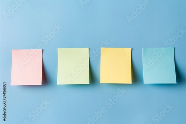 Fototapeta Four empty sticky notes on blue pastel background. Generative AI