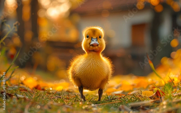 Fototapeta Duckling in Autumn Grass. A small, yellow duckling stands on grass covered in fallen leaves, looking directly at the camera.