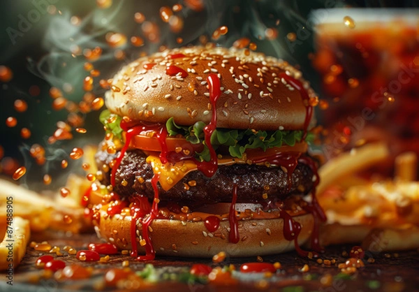 Fototapeta Cheeseburger With Ketchup Drizzle
