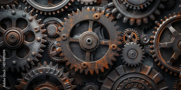 Fototapeta Close-up of interlocking metal gears and cogs. Concept of machinery, engineering, and mechanical complexity