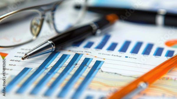 Fototapeta Close-Up of Financial Graphs and Charts with Glasses and Pens on Desk
