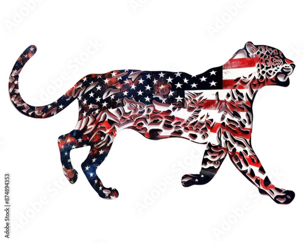 Obraz Leopard silhouette with American flag design embodying strength and patriotism, perfect for unique artistic and patriotic projects.