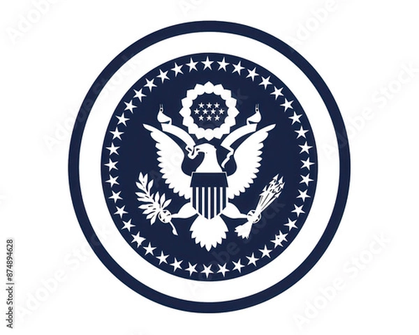 Fototapeta Official seal of the United States featuring an eagle, stars, a shield, and olive branches, symbolizing strength, unity, and peace.