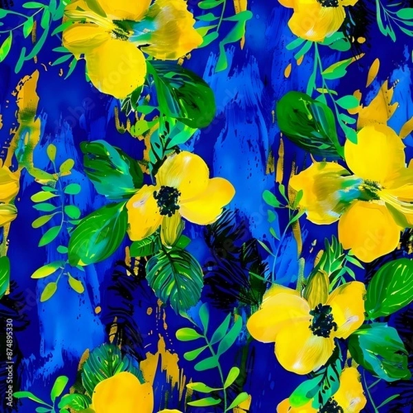 Obraz Detailed Hand-Painted Yellow Flower and Green Leaf Pattern on Blue Background
